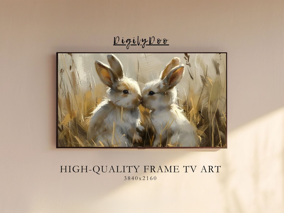 Easter Bunny Pair In Cornfield, Vintage Farmhouse Art
