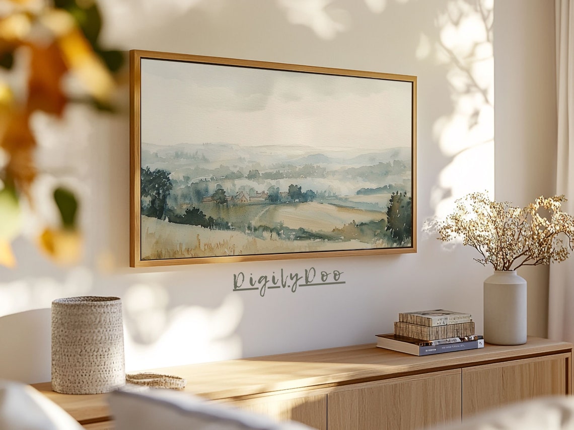 Soft Watercolor Countryside Landscape Misty Fields Morning Calm Poster - Image 3