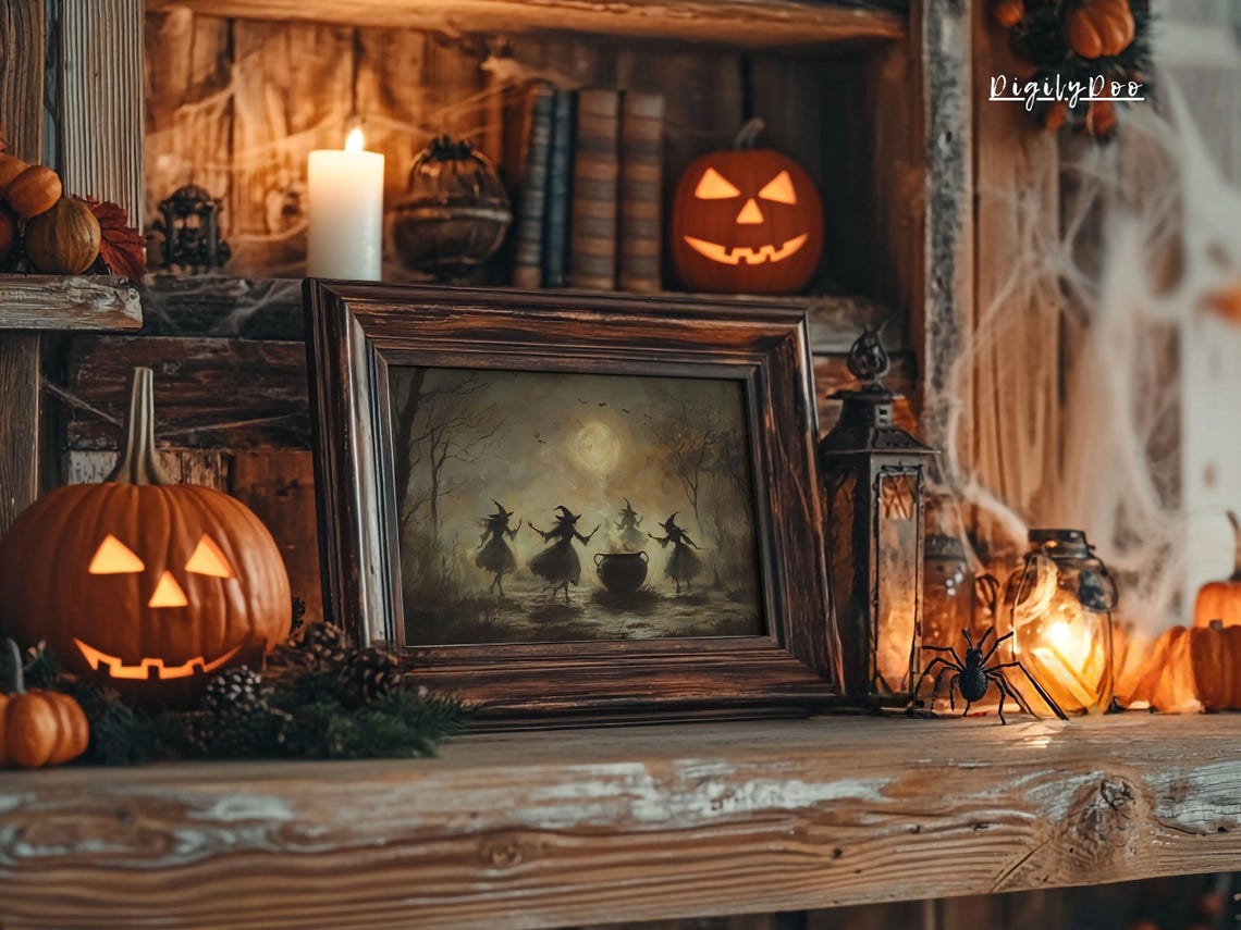 Witches Dancing Around Cauldron Full Moon Night Spooky Art Poster - Image 3