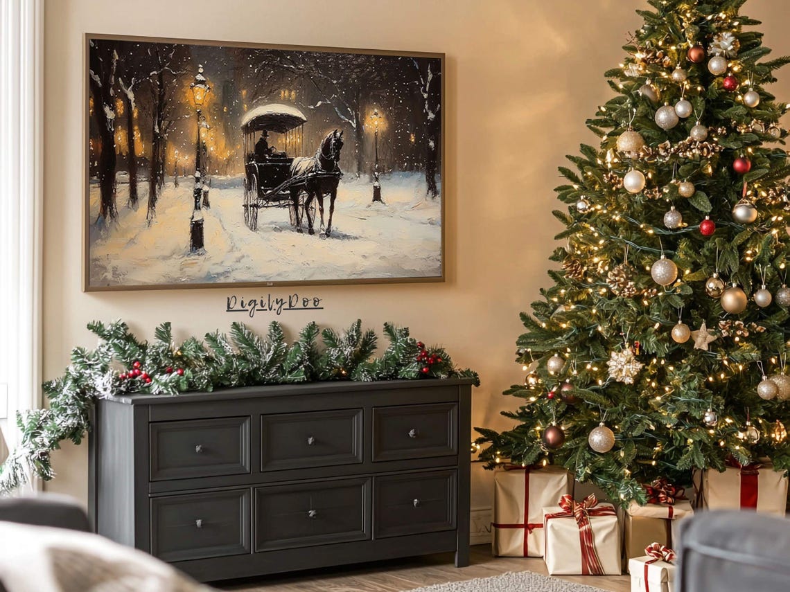 Horse Drawn Carriage Snowy Night Park Lantern Vintage Winter Poster - Image 3