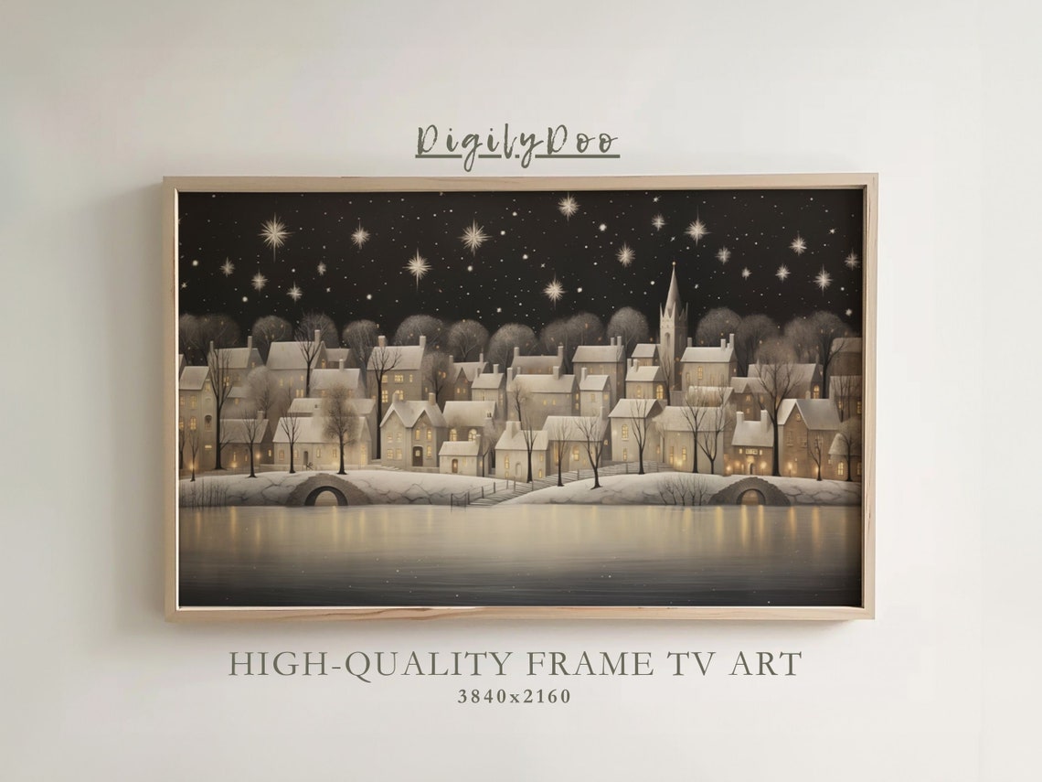 Starry Night Village Waterfront Monochrome Winter Skyline Poster
