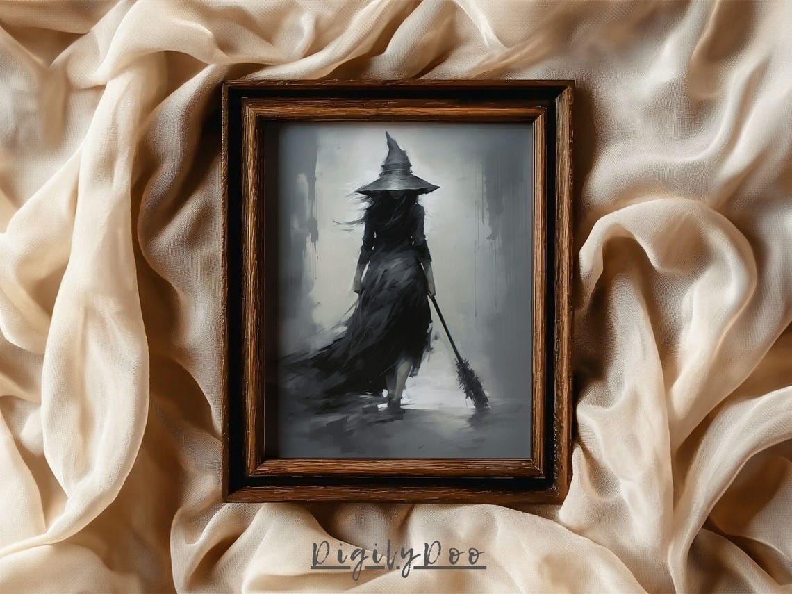 Dark Witch Broom Walking Gray Moody Minimalist Halloween Poster