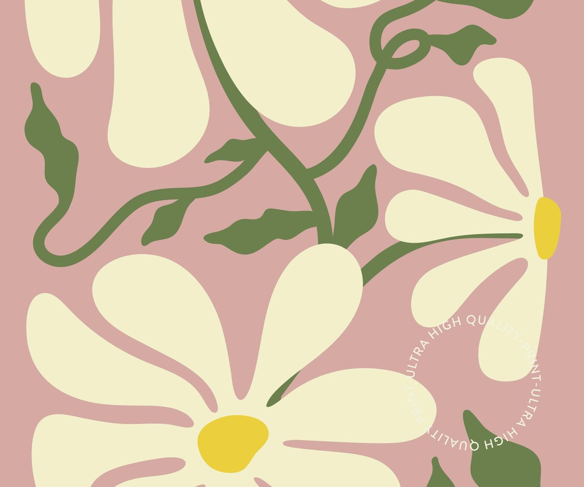 Retro White Daisy Floral Maximalist Botanical Pink Kitchen Wall Art - Image 5