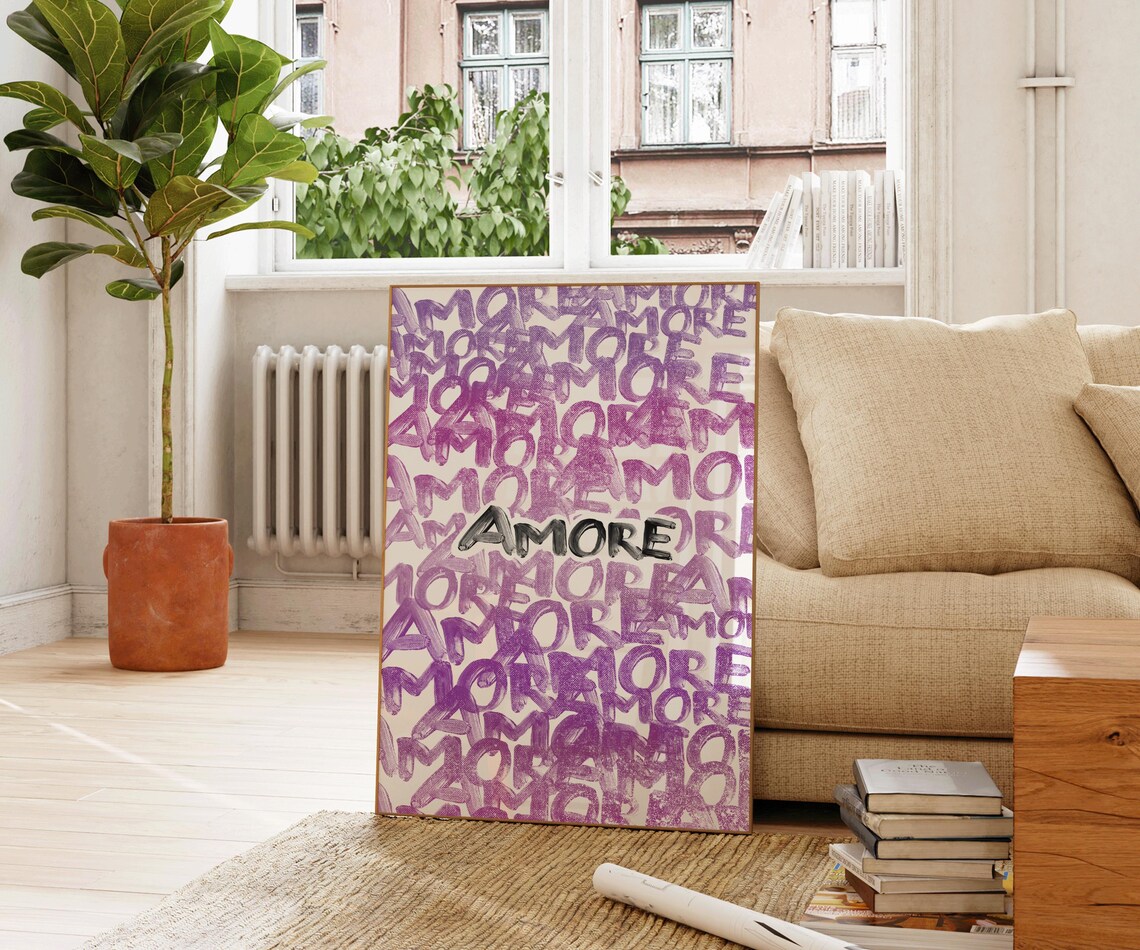 Amore Purple Graffiti Typography Love Word Repeated Pattern Wall Art - Image 3