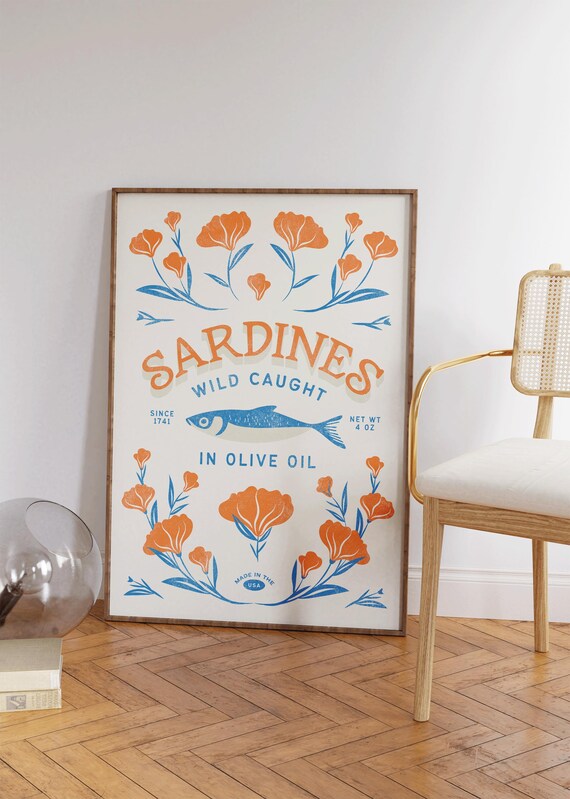 Sardines Print Sardine Tin Vintage Poster Retro Sardine Wall Art Fish Print Eclectic Wall Art Colorful Kitchen Art Maximalist Poster