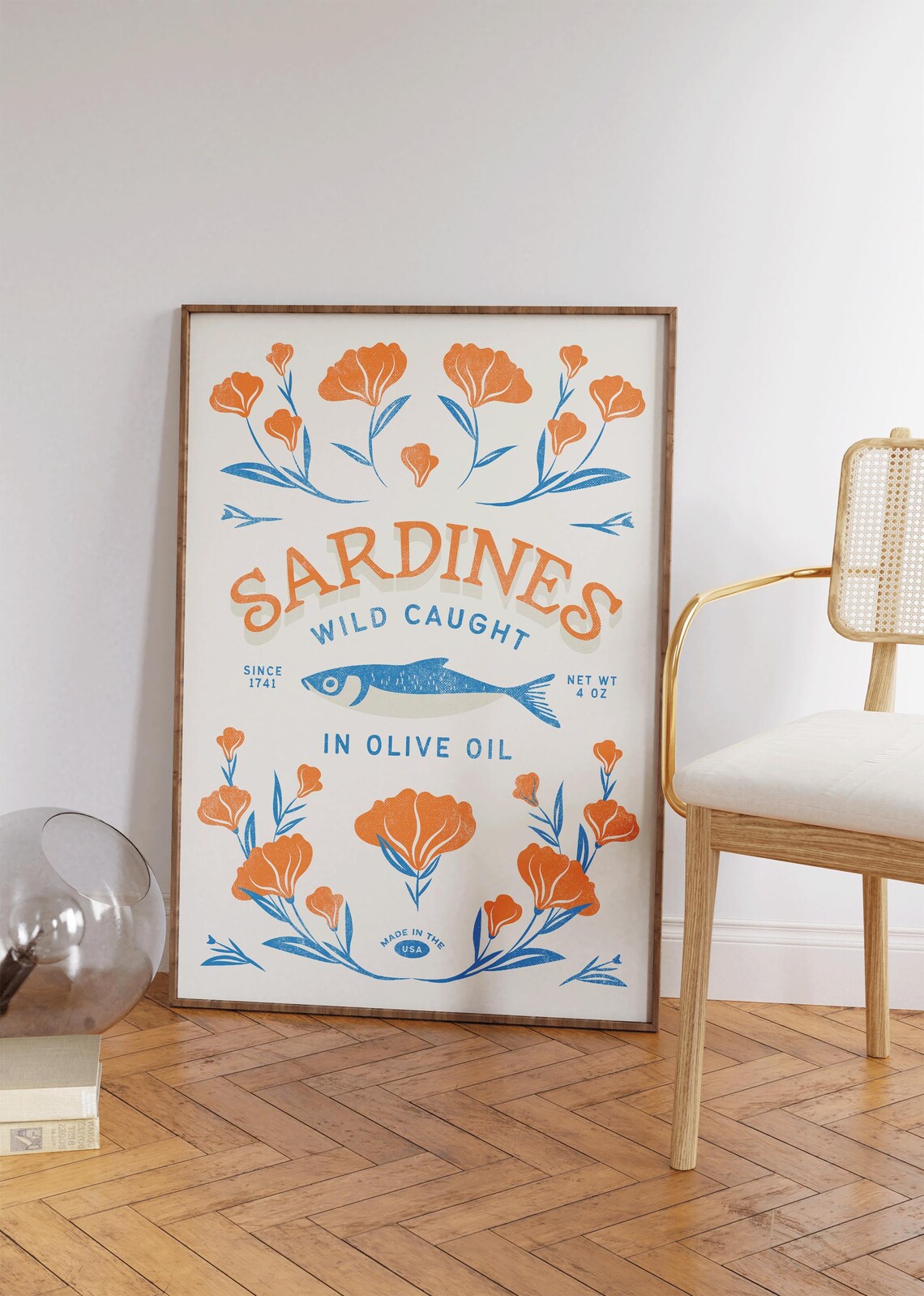 Sardines Wild Caught Olive Oil Retro Sardine Tin Orange Floral Poster