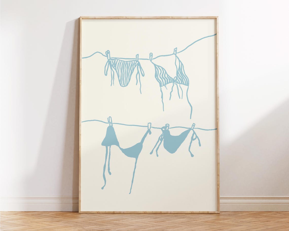 Bikini Clothesline Illustration Dusty Blue Coastal Summer Beach Poster