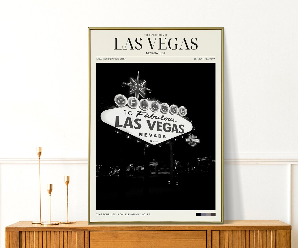 Las Vegas Welcome Sign Black White Night Photography Travel Poster - Image 2
