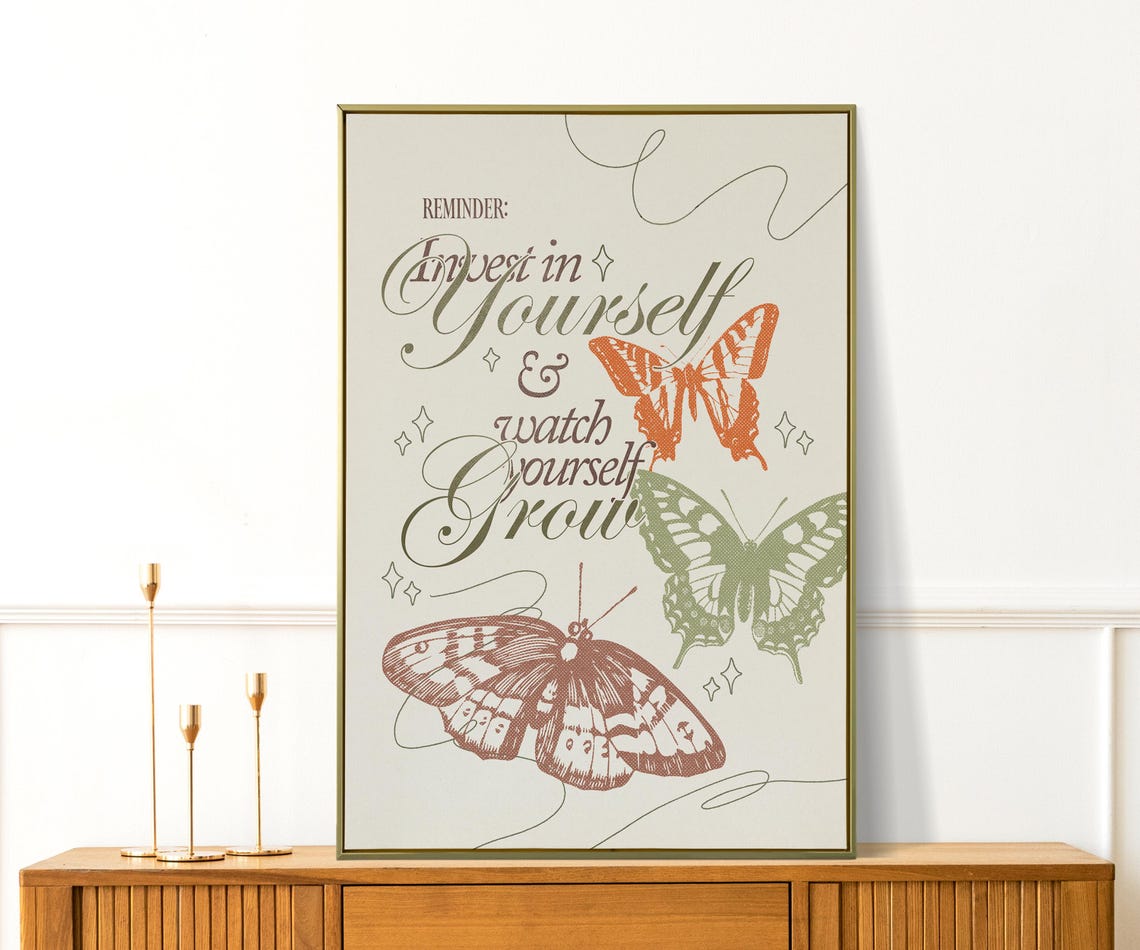 Invest In Yourself And Watch Yourself Grow Girly Apartment Decor Retro Cute Self Love Print Preppy Floral Butterflies Print Positive Art