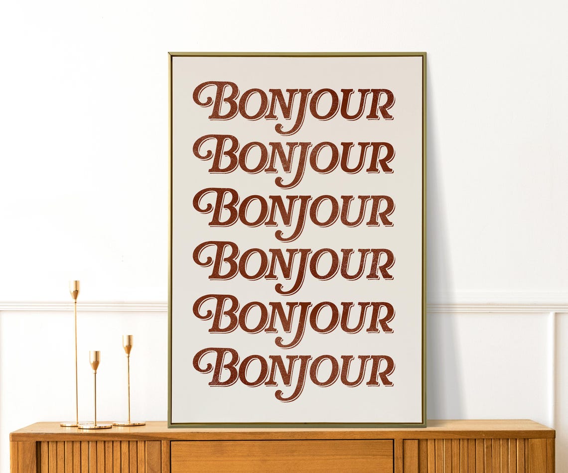 Bonjour French Retro Script Brown Cream Minimalist Typography Print - Image 3