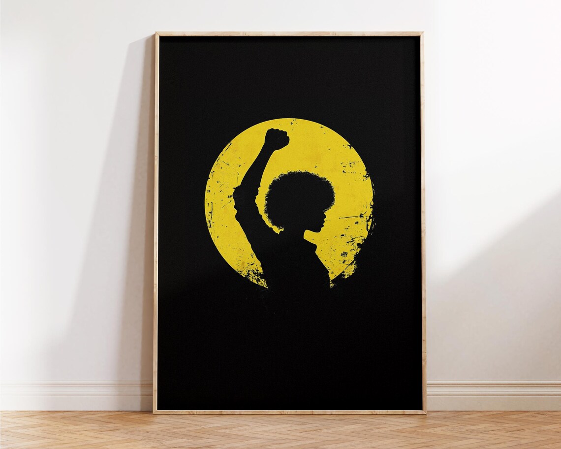 Black Woman Raised Fist Power Silhouette Yellow Black Art Poster - Image 2