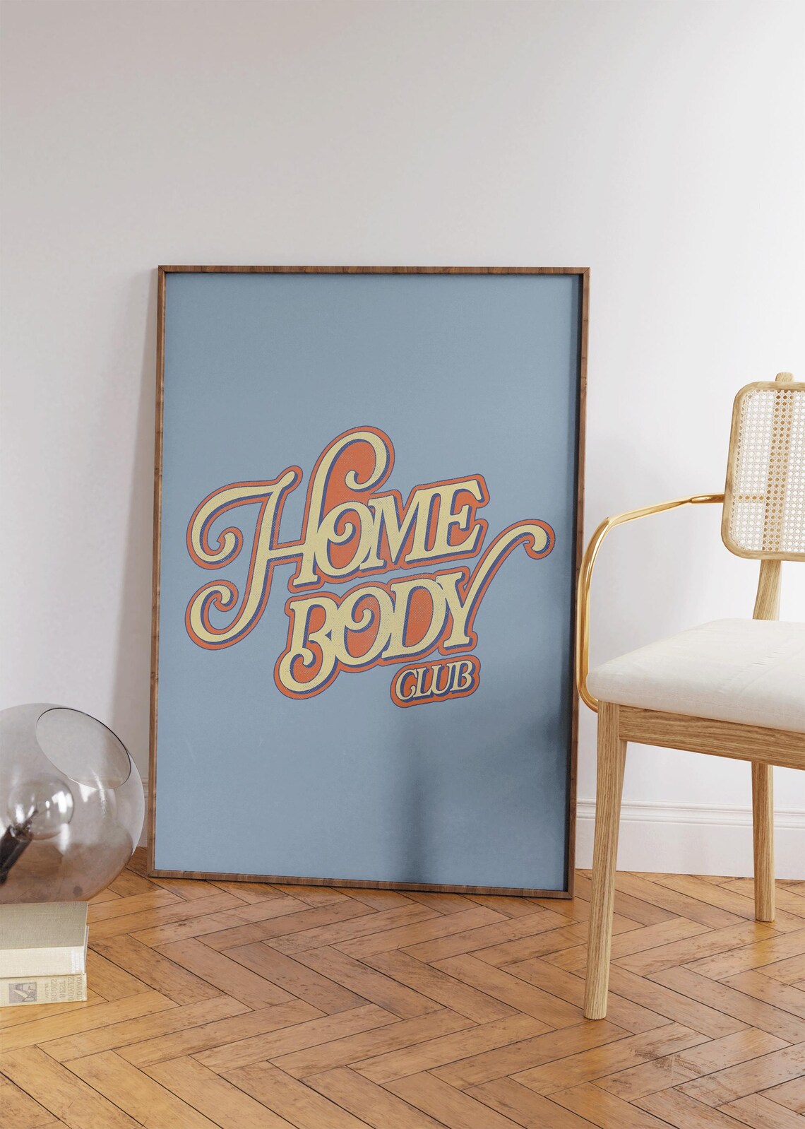 Home Body Club Retro Swirly Orange Lettering Blue Background Poster - Image 3