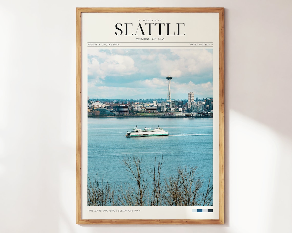 Seattle Washington Space Needle Skyline Ferry Waterfront City Travel Poster