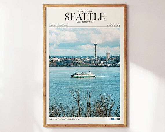 Seattle Washington Space Needle Skyline Ferry Waterfront City Travel Poster