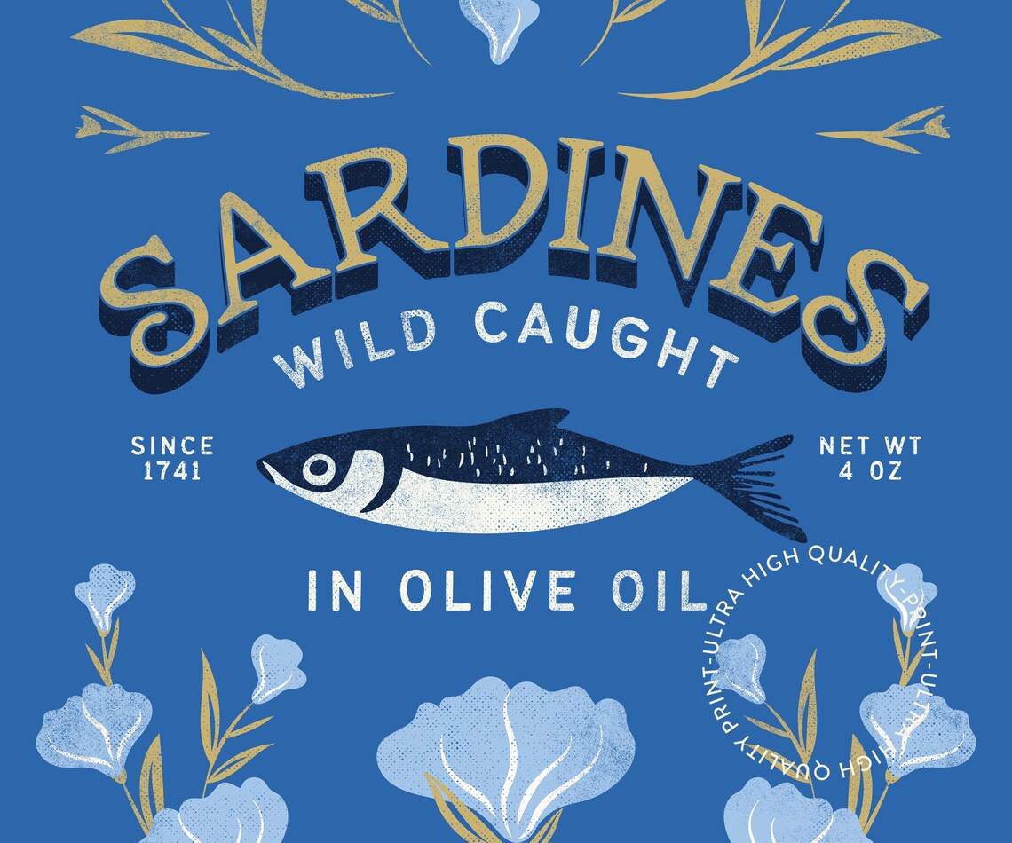 Sardines Wild Caught Olive Oil Blue Sardine Tin Floral Kitchen Poster - Image 5