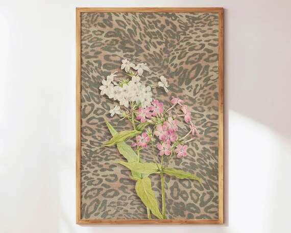 Pink White Wildflowers Botanical Art Leopard Texture Floral Wall Art