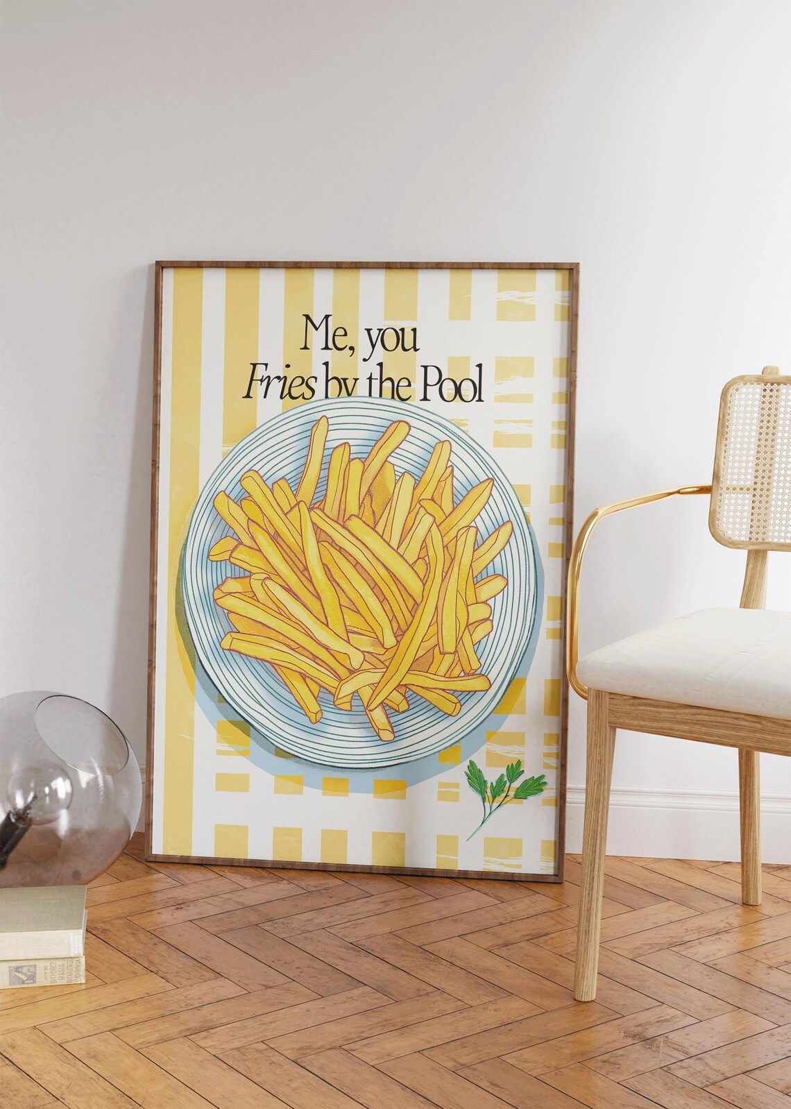 Fries By The Pool Yellow Kitchen Food Illustration Retro Wall Poster - Image 3