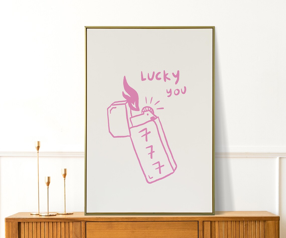 Lucky You 777 Angel Number Lighter Doodle Pink Wall Art Print Poster - Image 2