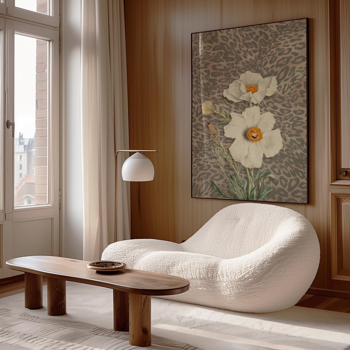 White Poppy Flowers on Leopard Print Botanical Vintage Wall Print - Image 4