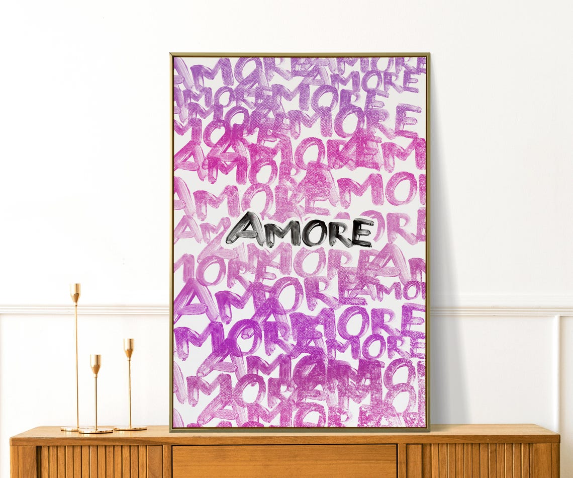 Amore Purple Graffiti Typography Love Word Repeated Pattern Wall Art - Image 2