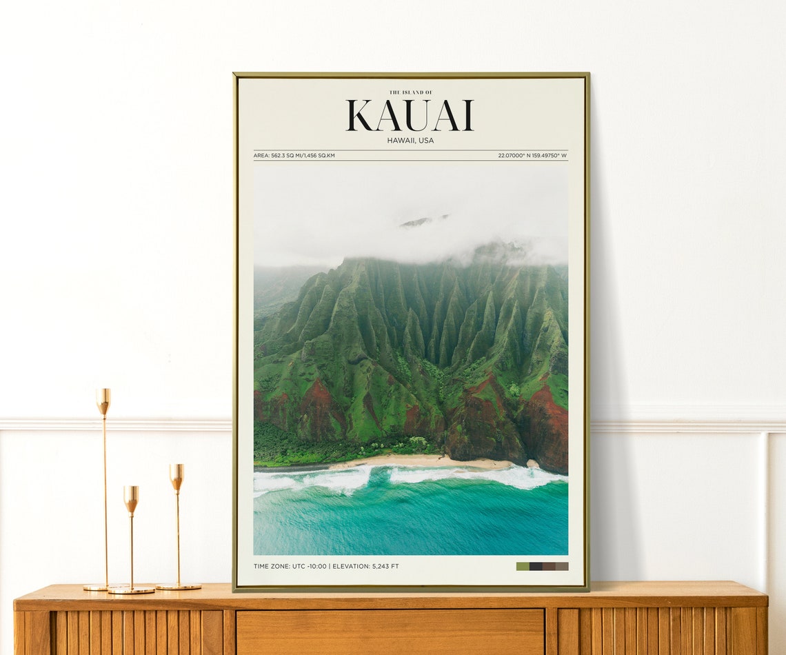Travel Poster Hawaii Poster Kauai Hill Poster Hawaii Vintage Poster Hawaiian Wall Art For Living Room Modern Island Office Wall Art