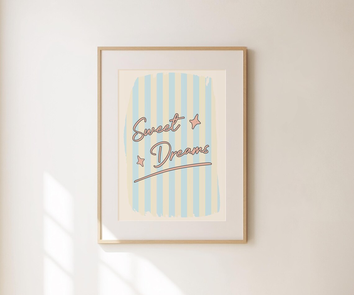 Sweet Dreams Pink Script Blue Striped Retro Bedroom Quote Decor Poster - Image 3