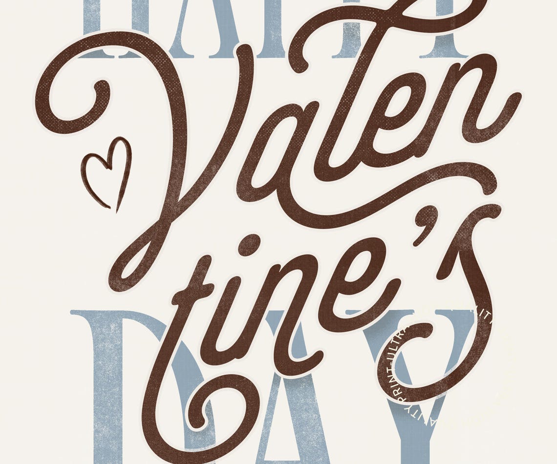 Happy Valentines Day Script Lettering Blue Brown Retro Wall Art Poster - Image 5