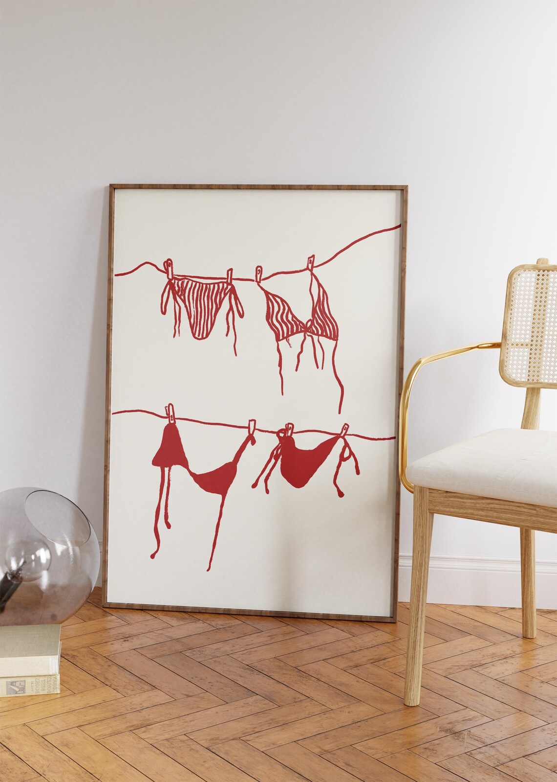 Red Bikini Clothesline Beach Club Coastal Line Art Wall Poster - Image 3