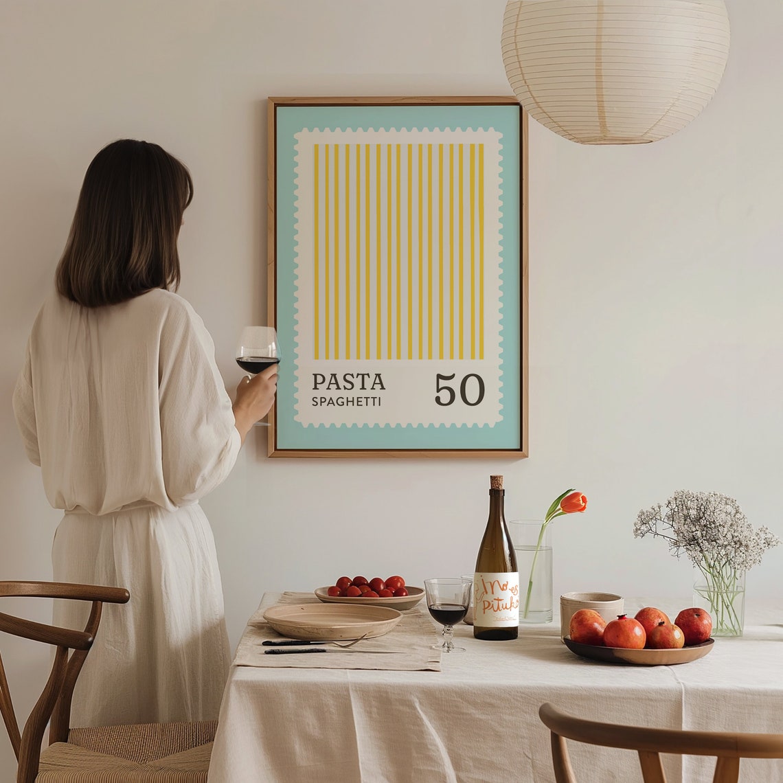Pasta Spaghetti 50 Teal Stamp Style Cute Kitchen Wall Art Poster - Image 3