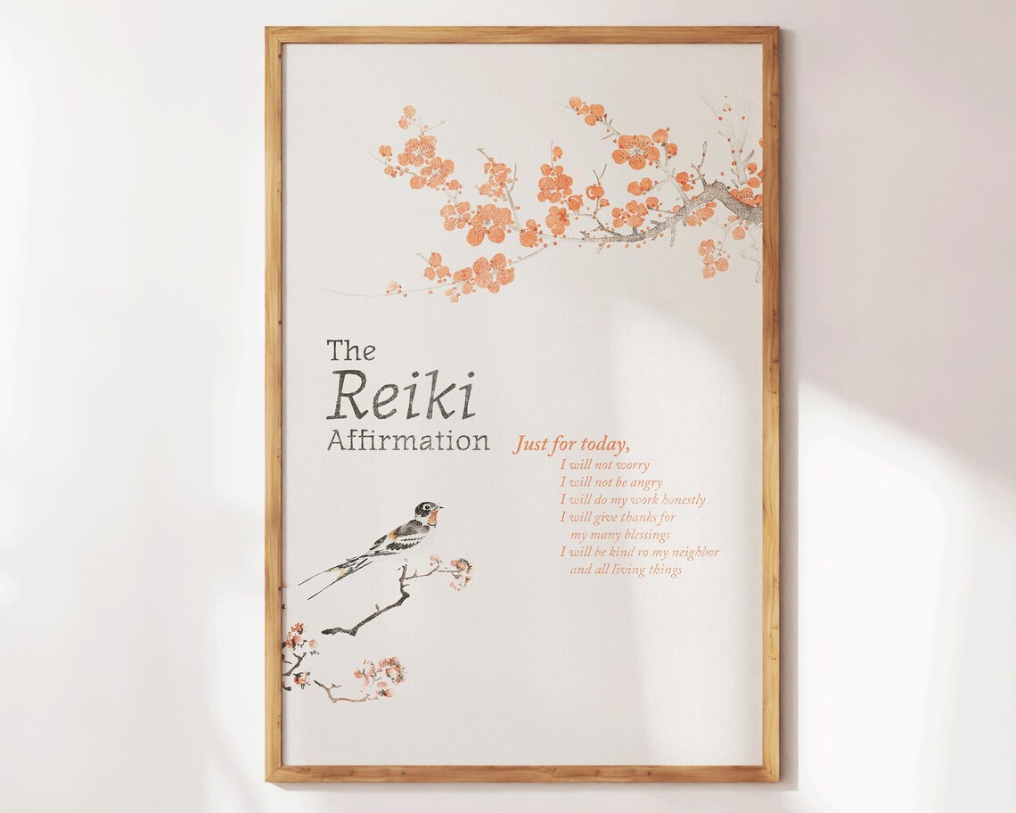Reiki Affirmation Japanese Blossom Bird Zen Wellness Quote Poster - Image 2