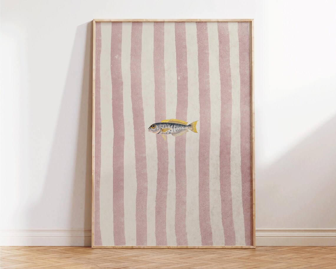 Lone Fish Retro Illustration Pink Striped Beachy Coastal Kitchen Print - Image 4