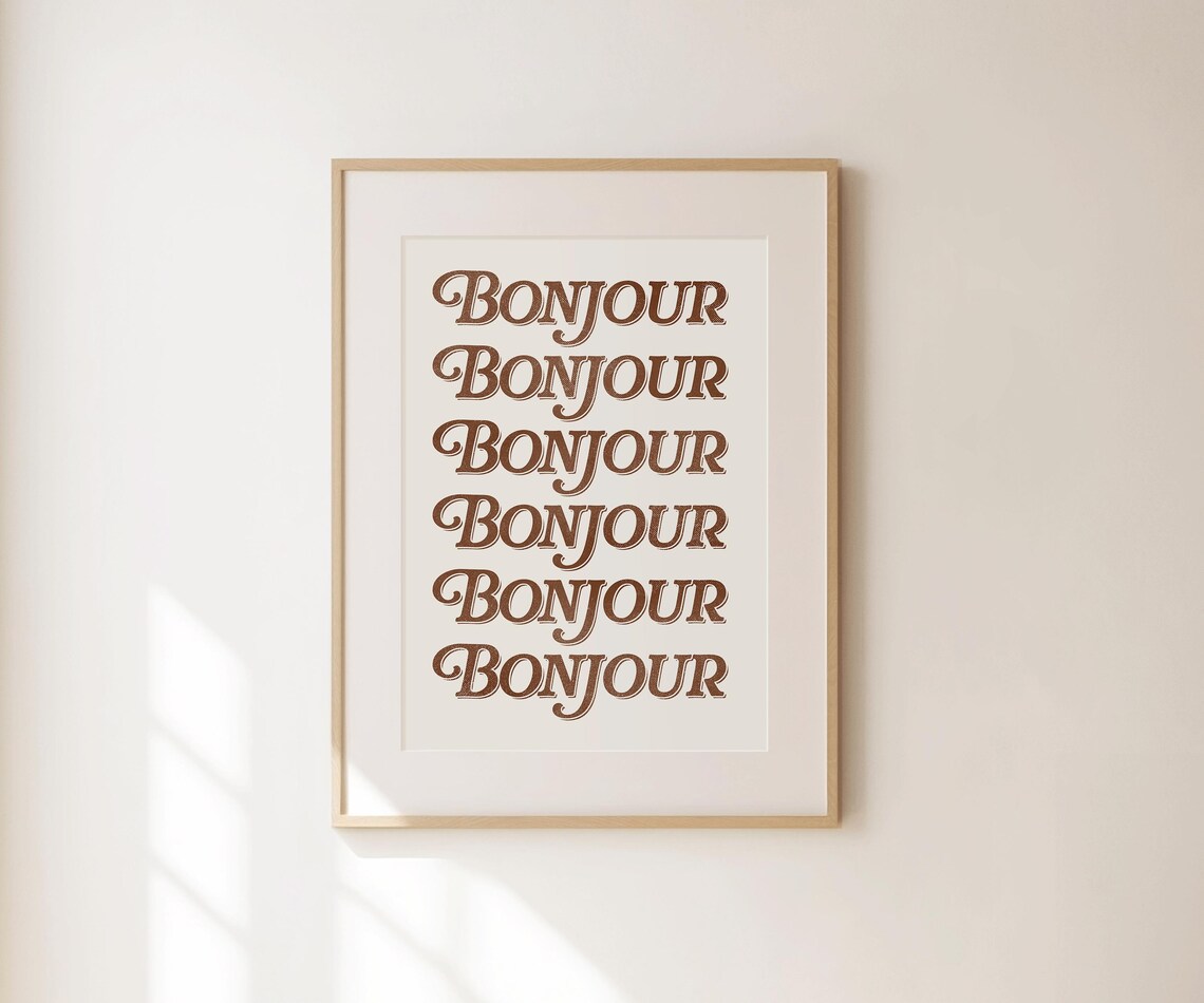 Bonjour French Retro Script Brown Cream Minimalist Typography Print - Image 4