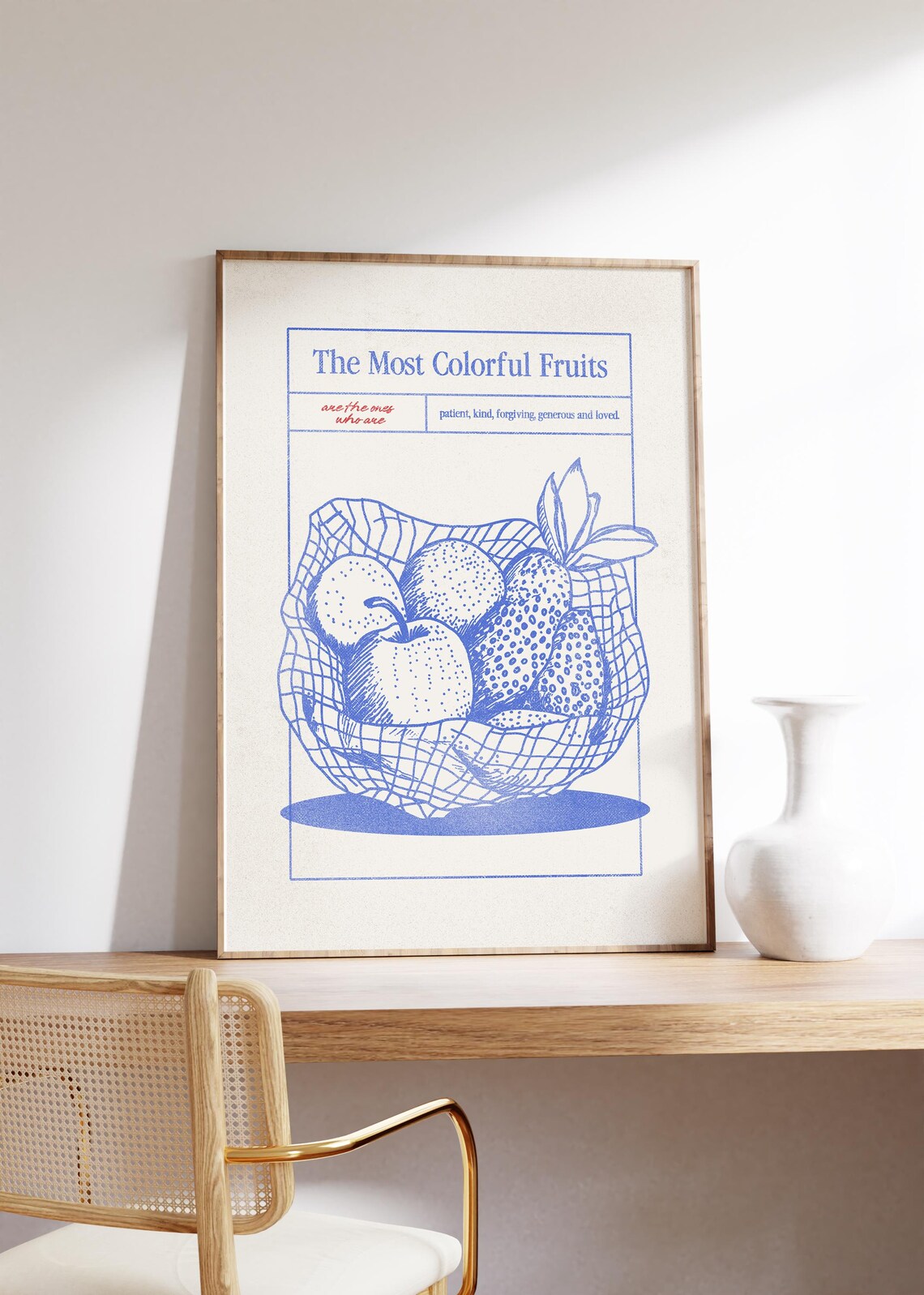 The Most Colorful Fruits Blue Kitchen Fruit Basket Line Art Poster