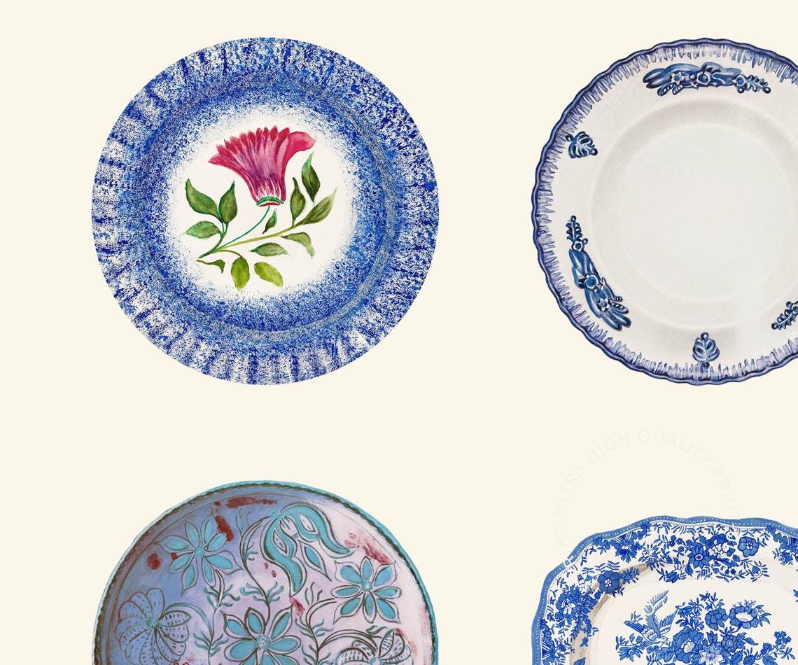Blue Ceramic Plates Collection Vintage Kitchen Wall Decor Art Poster - Image 5