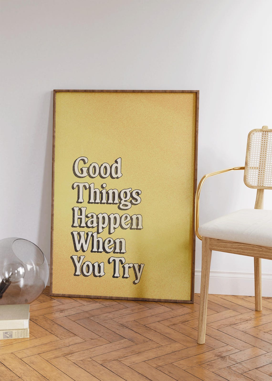 Good Things Happen When You Try Retro Yellow Affirmation Quote Poster - Image 2