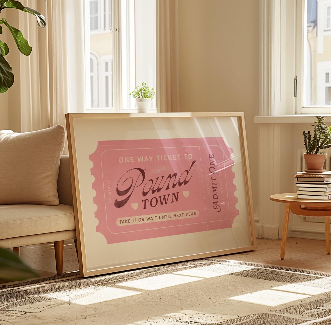 One Way Ticket To Pound Town Pink Retro Ticket Funny Valentine Poster - Image 3