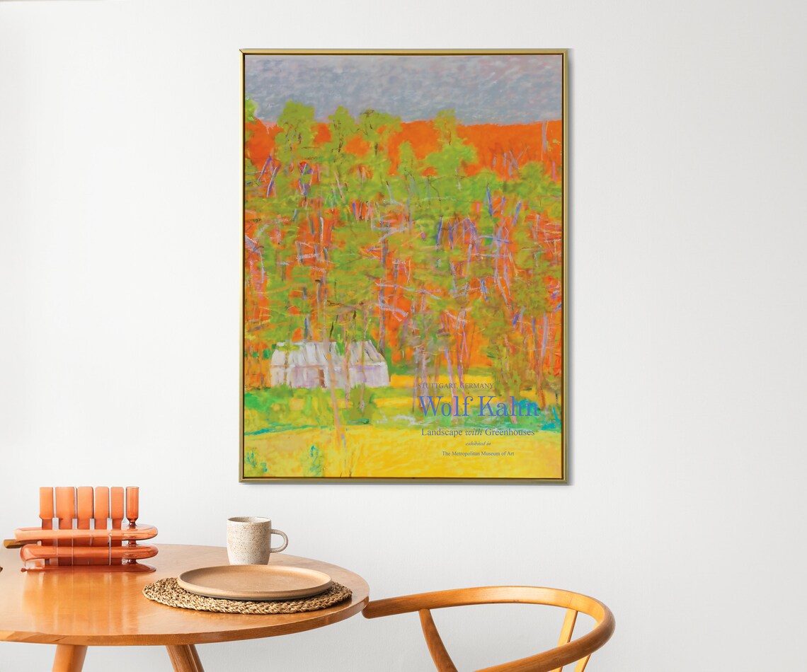 Wolf Kahn Landscape with Greenhouses Orange Sky Trees Art Print - Image 2