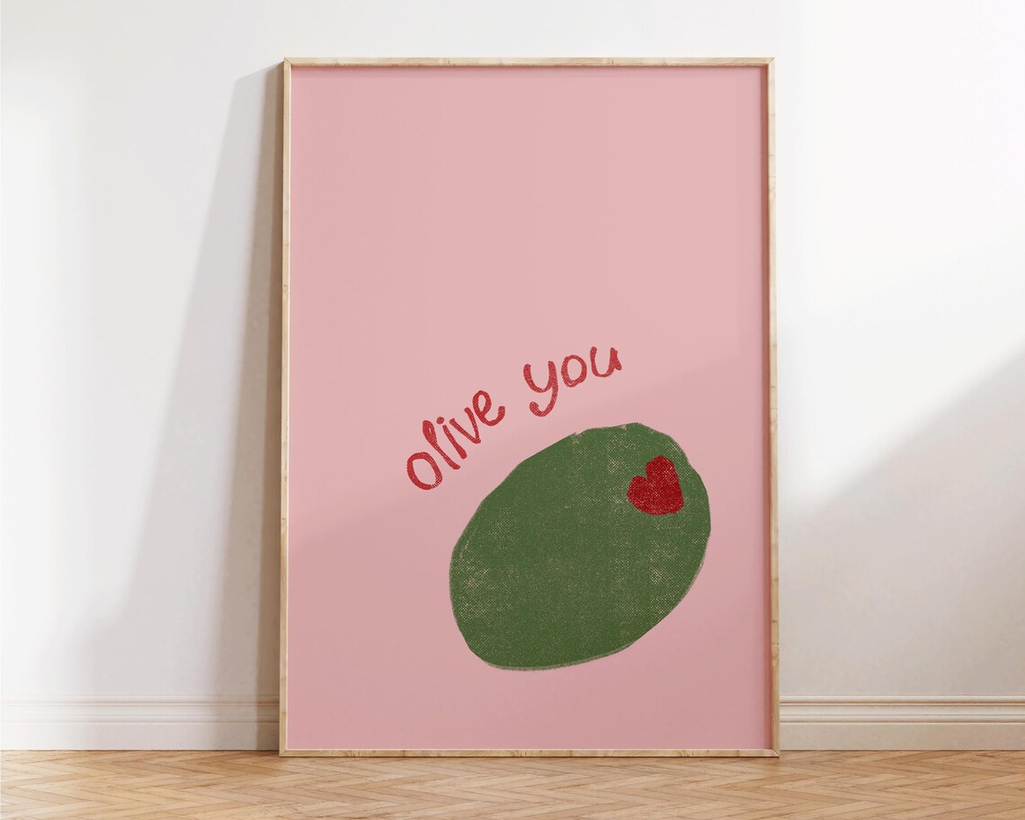 Olive You Pink Background Cute Food Pun Quote Wall Art Poster