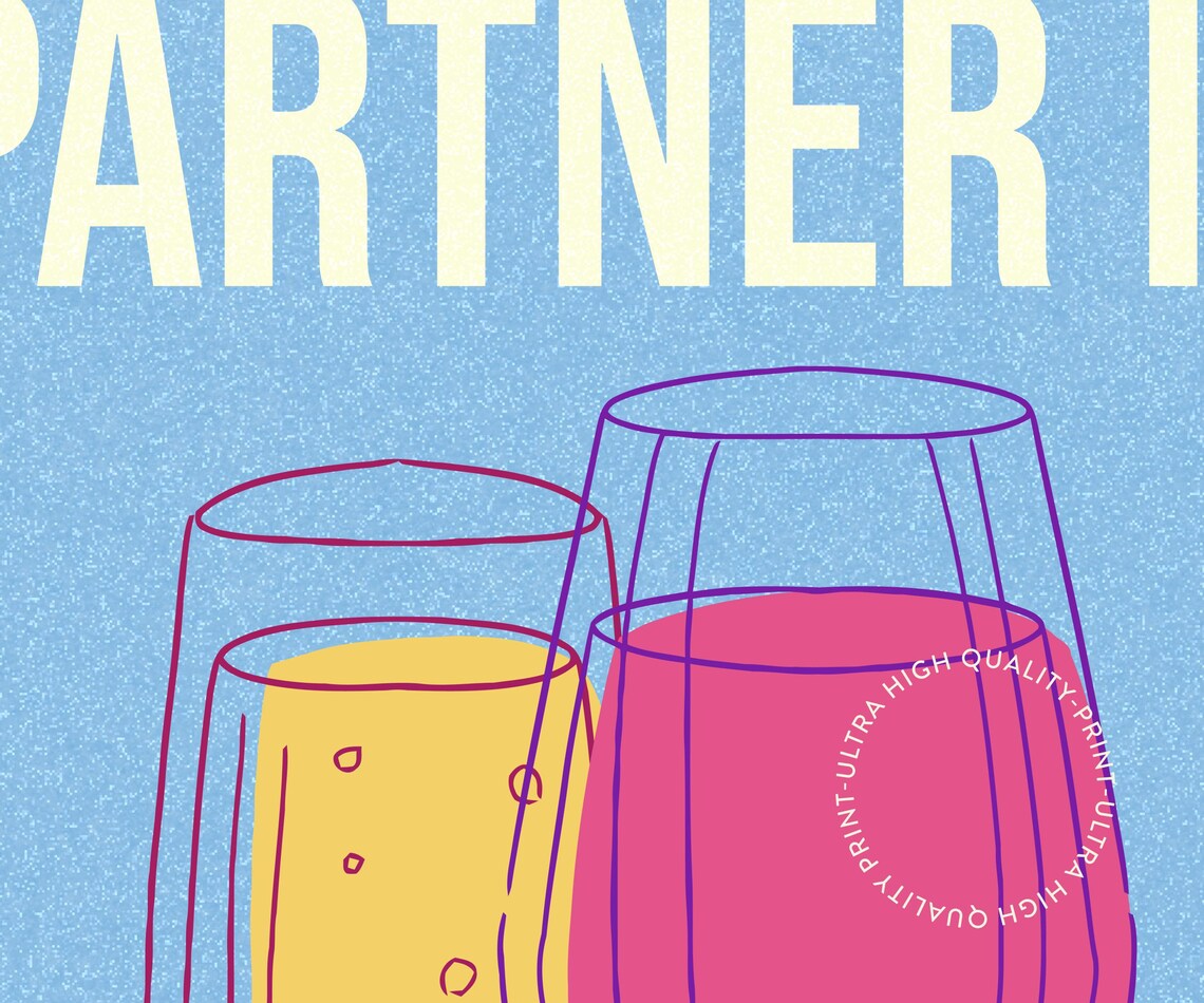 Partner In Wine Blue Bar Cart Art Wine Glasses Funny Wall Poster - Image 5