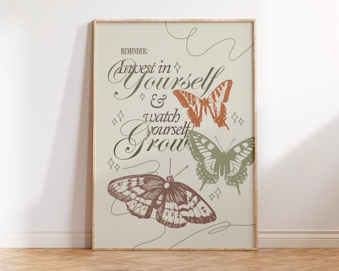 Invest In Yourself And Watch Yourself Grow Girly Apartment Decor Retro Cute Self Love Print Preppy Floral Butterflies Print Positive Art - Image 4