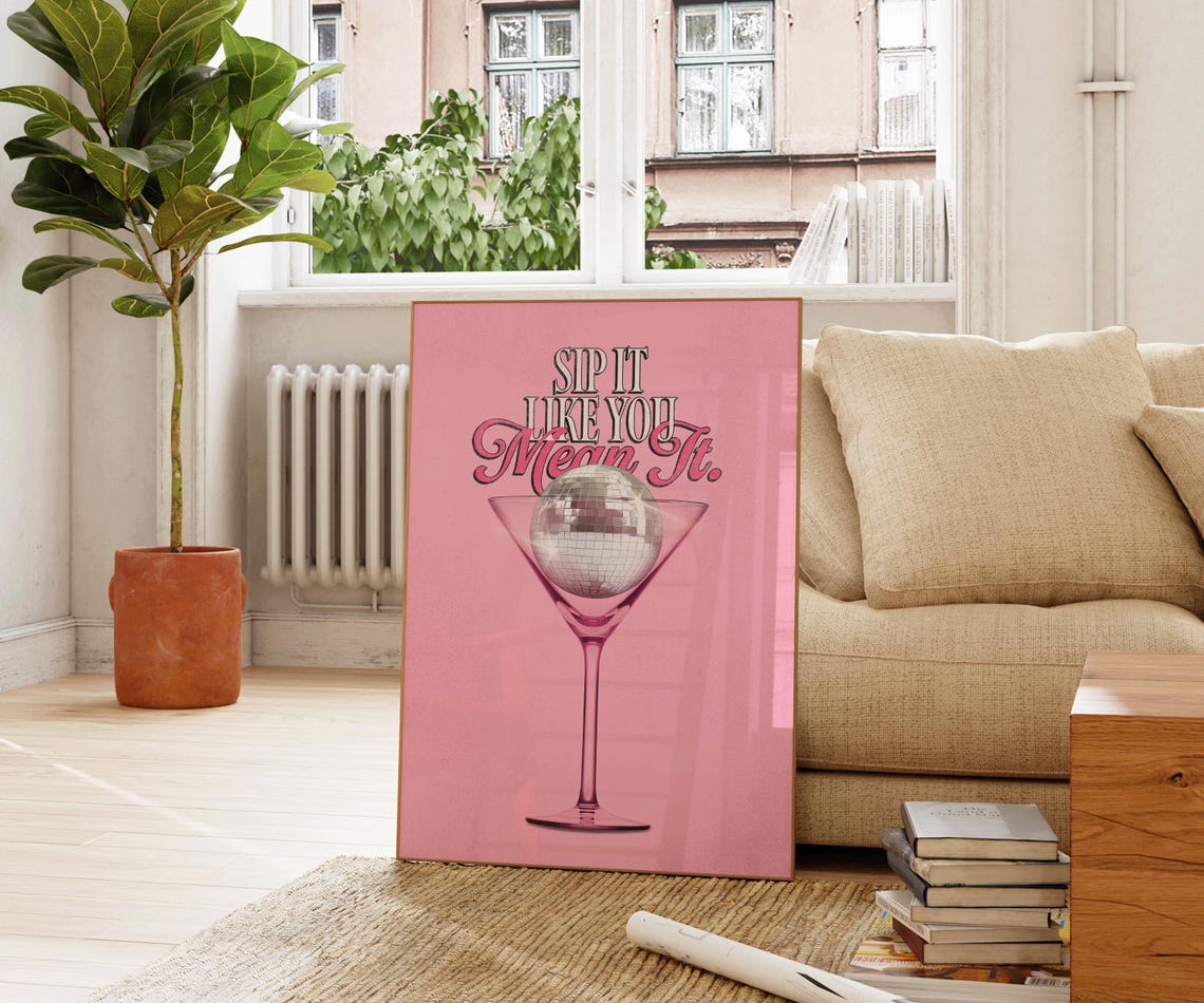 Sip It Like You Mean It Pink Martini Disco Ball Bar Cart Wall Print - Image 2
