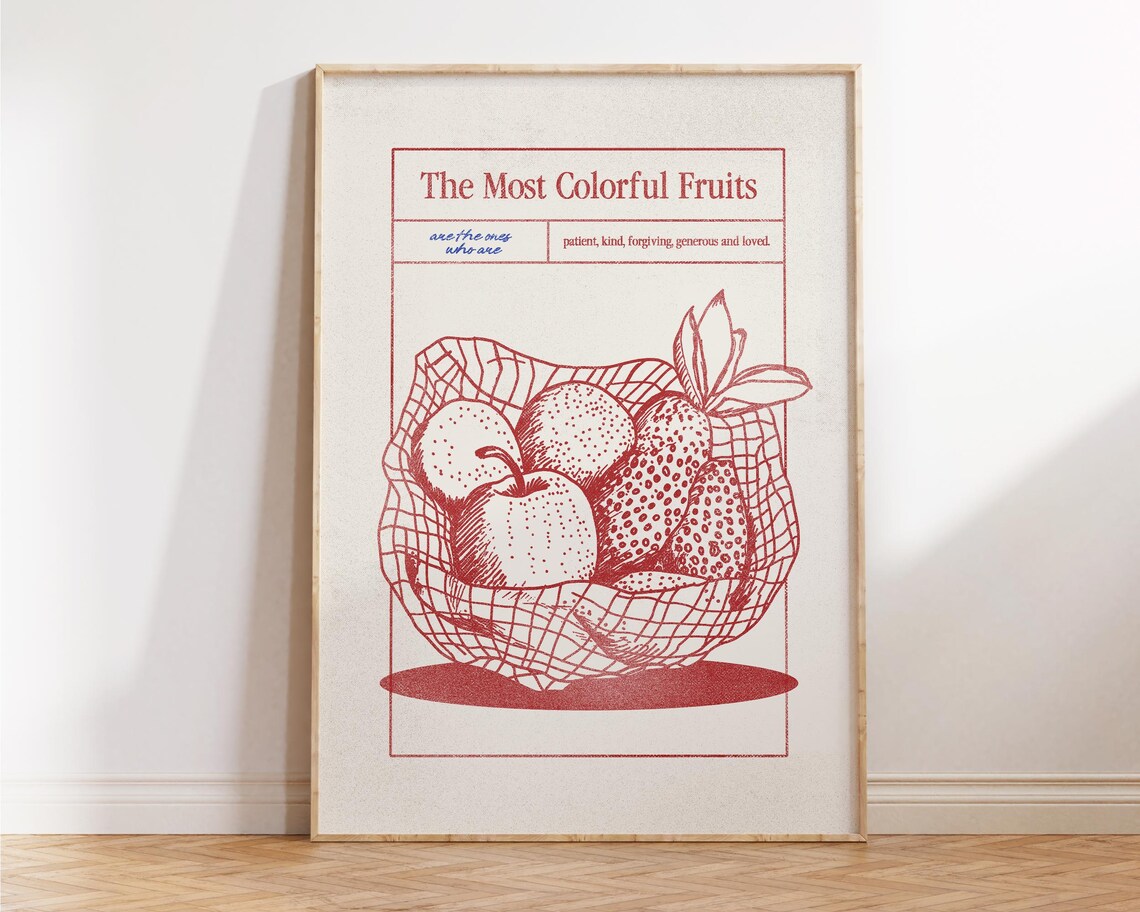 The Most Colorful Fruits Red Kitchen Fruit Basket Line Art Poster