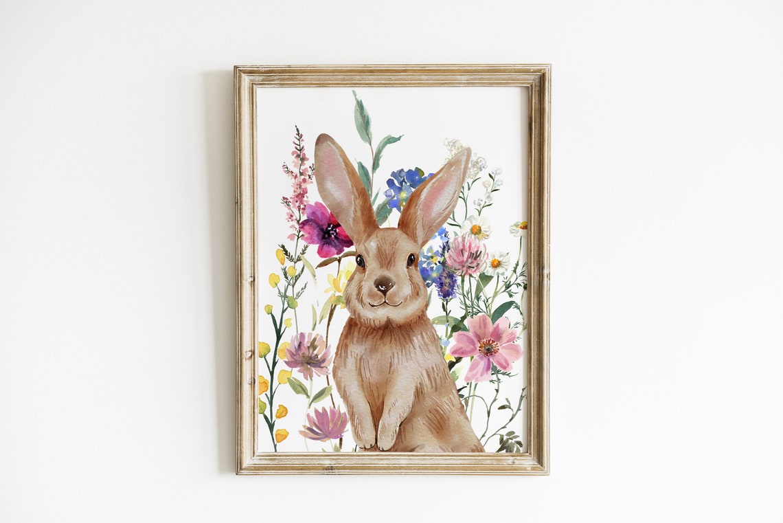 Watercolor Bunny Rabbit Among Wildflowers Spring Nursery Art Poster - Image 3