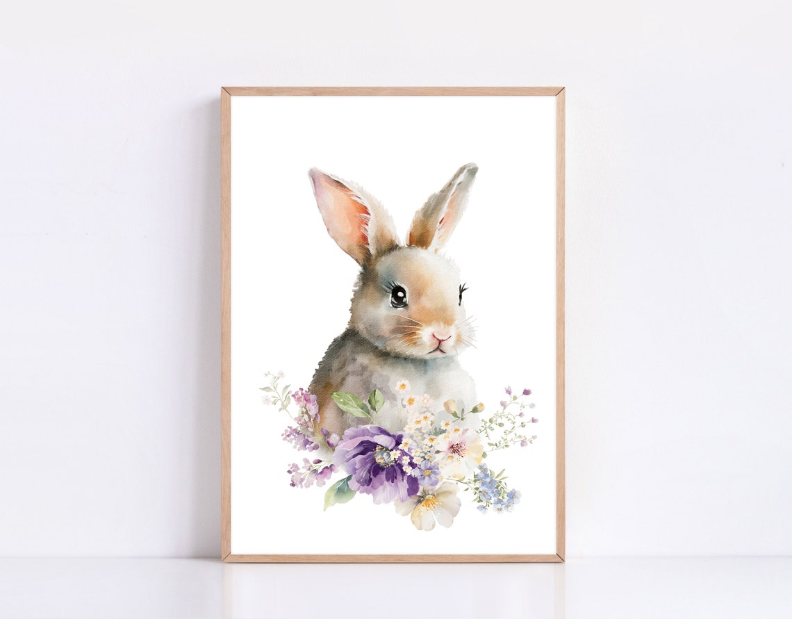 Watercolor Bunny Rabbit with Flowers Easter Spring Nursery Art Print - Image 4