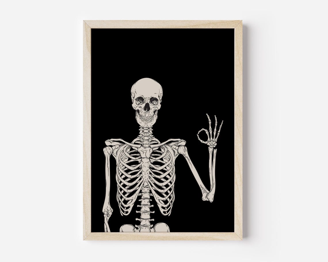 Funny Skeleton Waving Hand Halloween Black Background Art Poster - Image 4