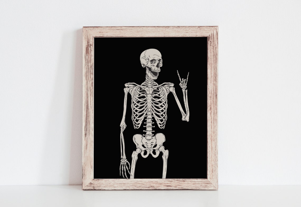 Funny Skeleton Peace Sign Black Gothic Halloween Spooky Poster - Image 3