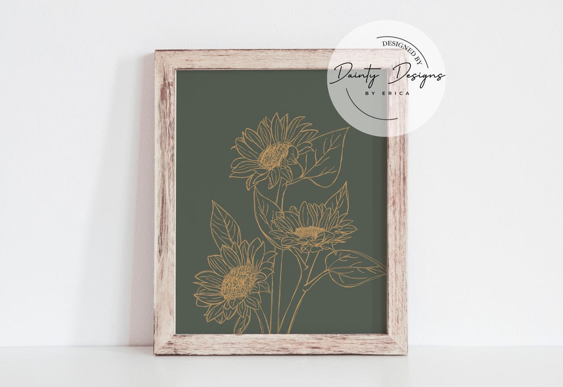 Gold Line Sunflowers Poster Dark Green Floral Botanical Decor - Image 3