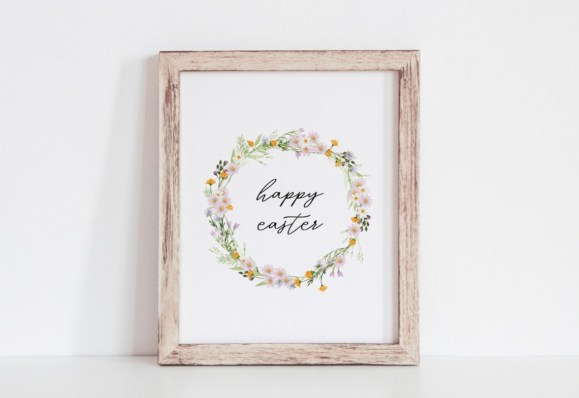 Happy Easter Script Floral Wreath Watercolor Spring Holiday Poster