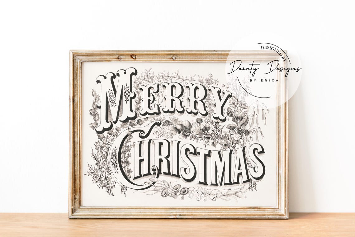 Merry Christmas Vintage Botanical Lettering Holiday Print Decor - Image 2