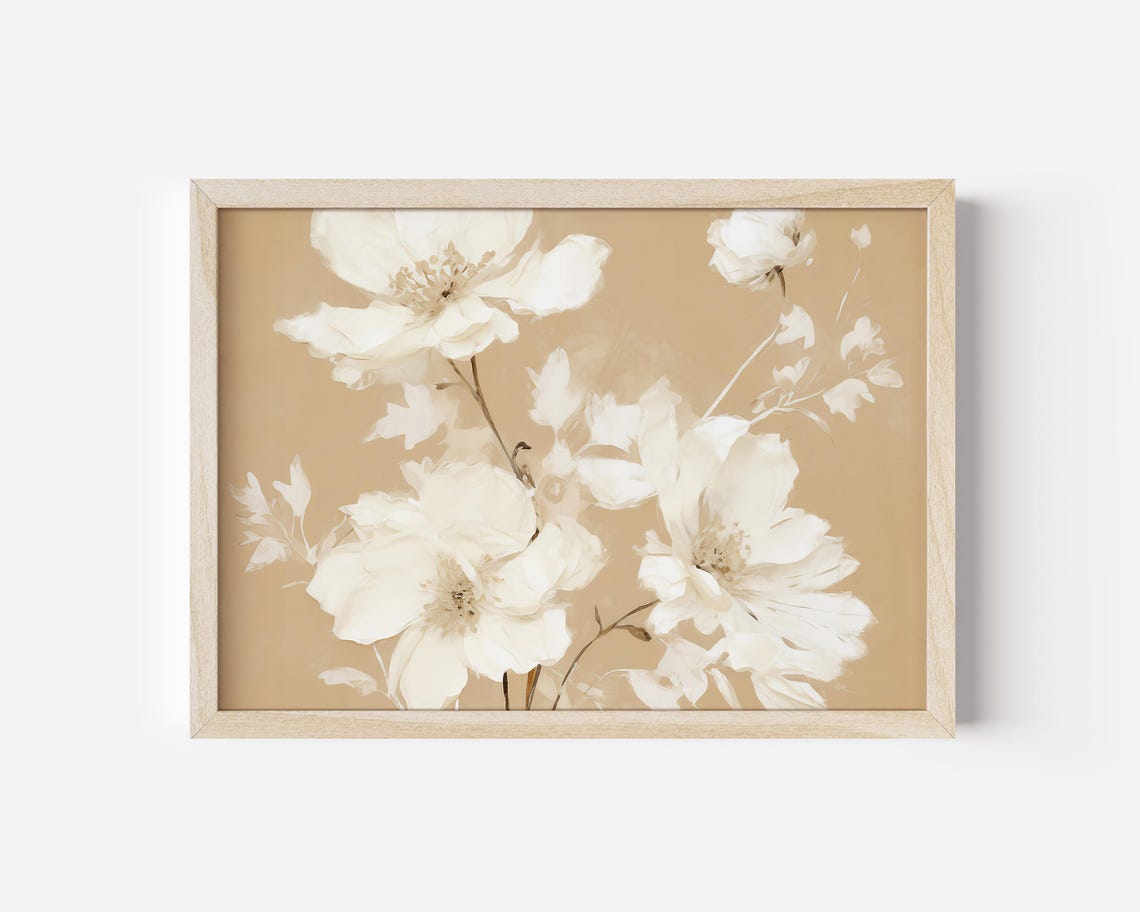 Cream White Flowers on Beige Neutral Floral Botanical Poster - Image 3